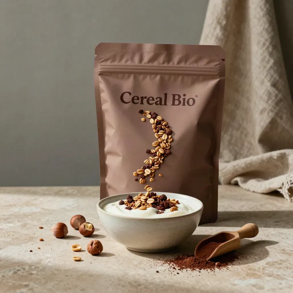 Bolsa de granola de cacao vertiéndose en yogur con avellanas y cacao sobre piedra clara.
