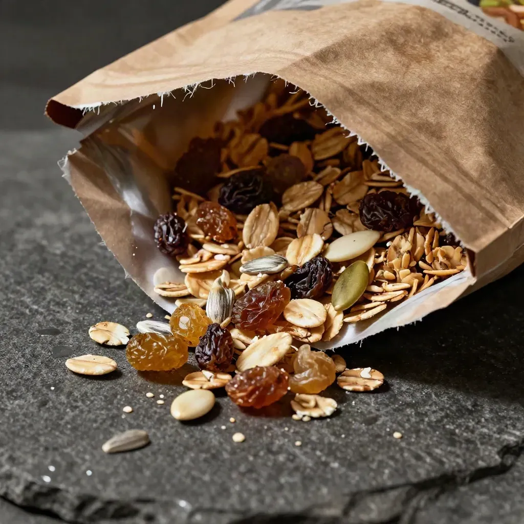 Bolsa kraft de muesli abierta sobre piedra húmeda, con copos, fruta seca y semillas visibles.