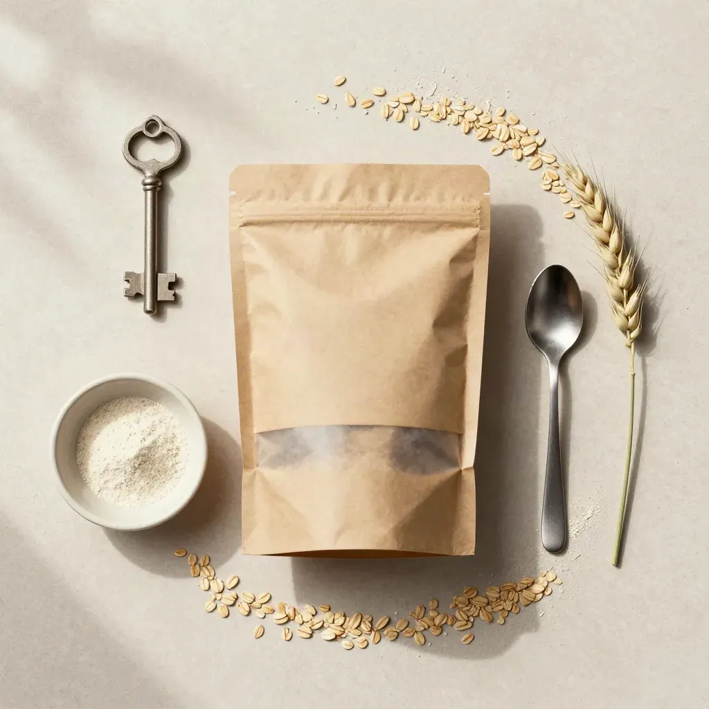 Flatlay cenital de avena fina bio con cuenco bajo, cuchara y avena suelta sobre piedra clara.