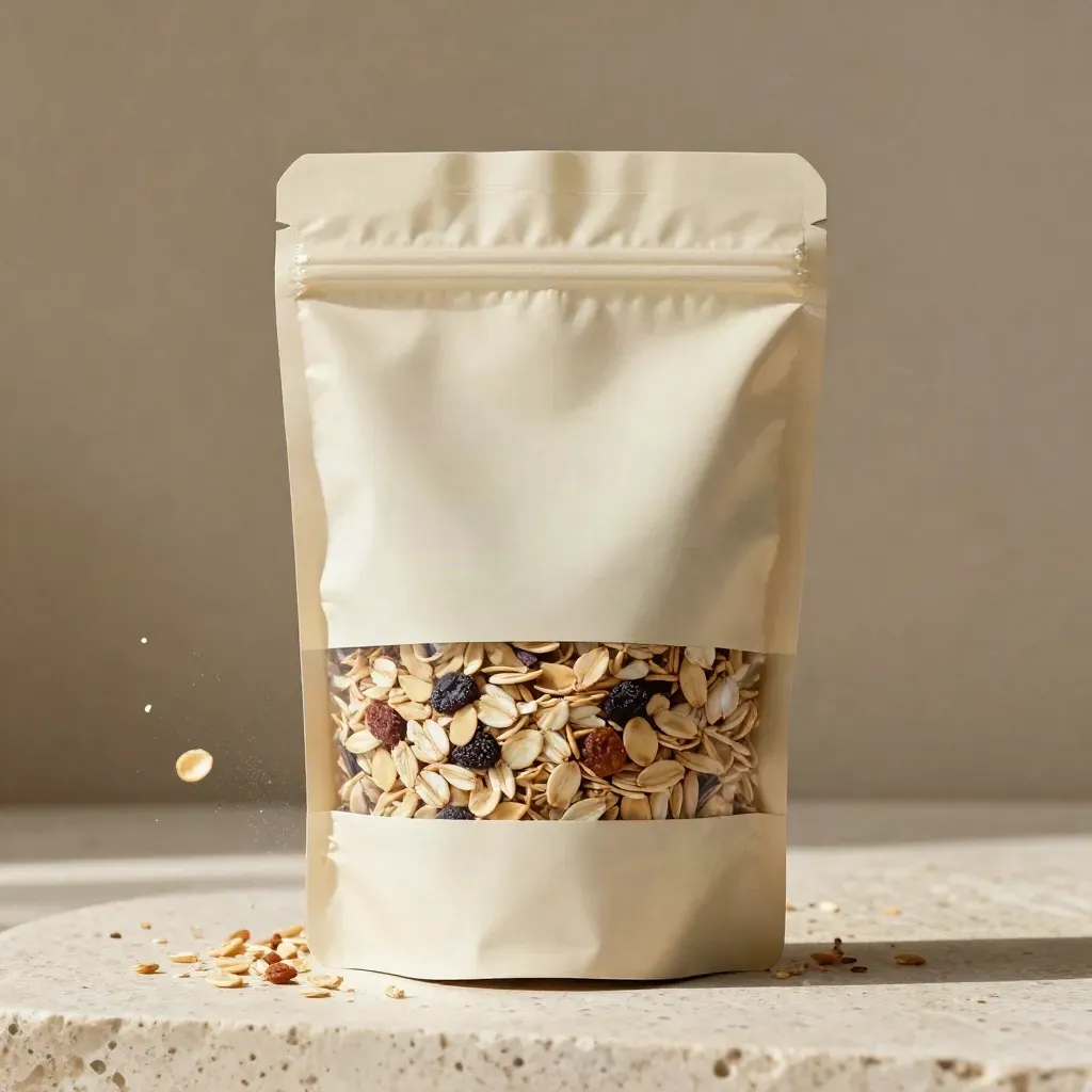Bolsa crema de muesli sin gluten con copos y semillas flotando sobre travertino.