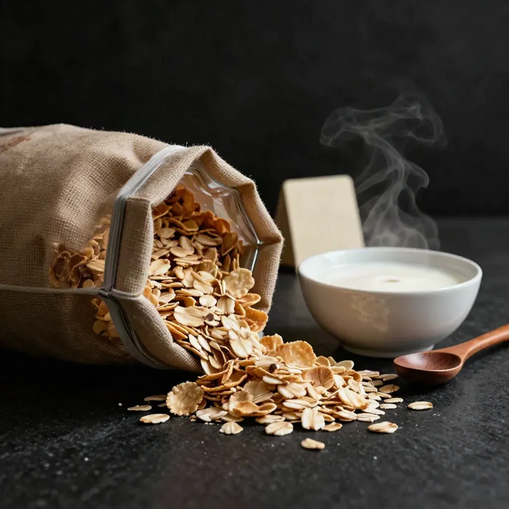 Bolsa de copos de avena bio con cuenco de bebida vegetal y cuchara, en luz cálida dramática.