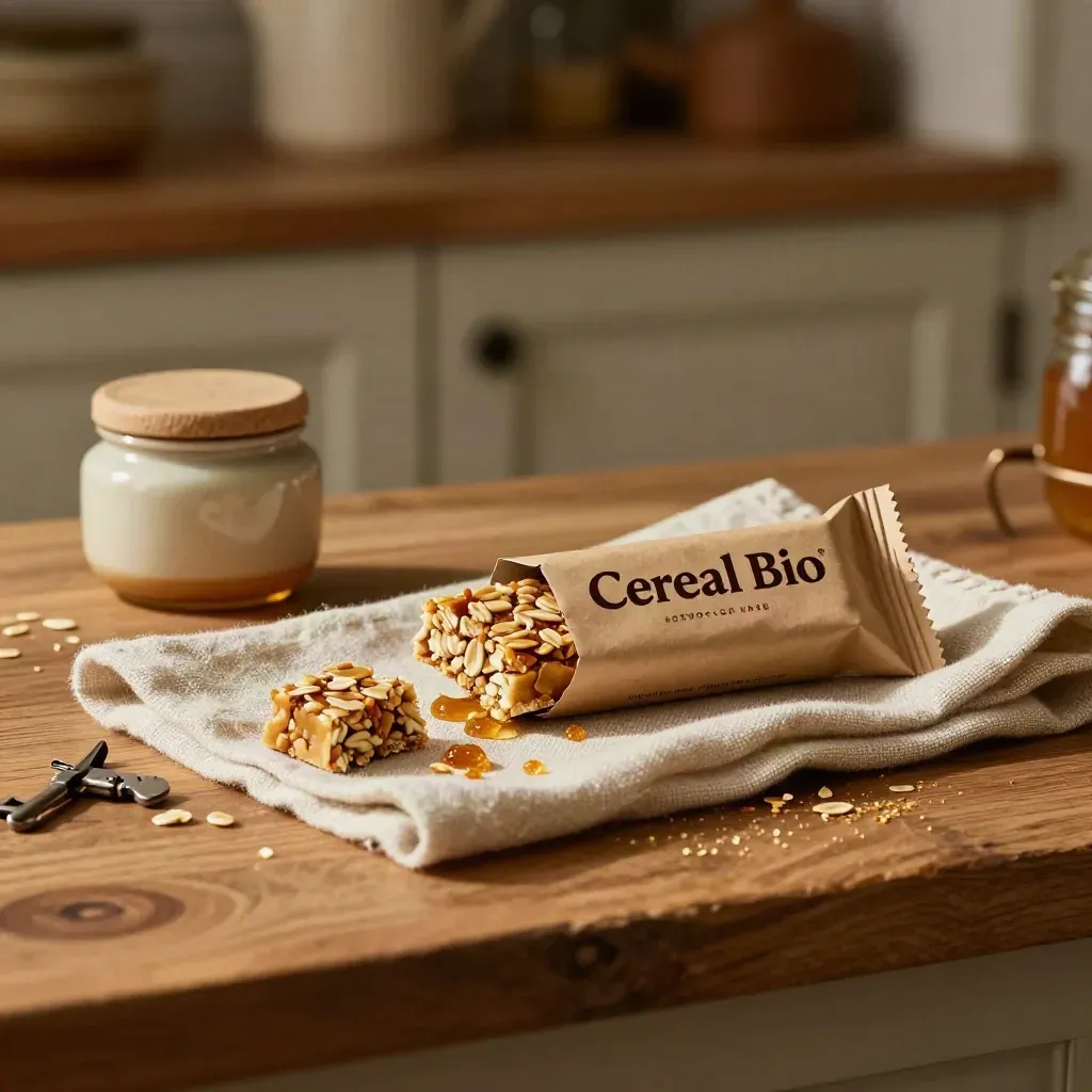 Barritas de avena y miel con tarro opaco y paño de lino sobre madera cálida.