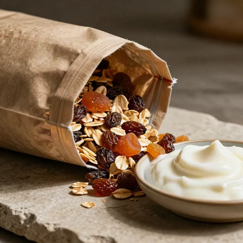 Bolsa de muesli con fruta y yogur sobre piedra clara, con cereal desbordándose hacia un plato.