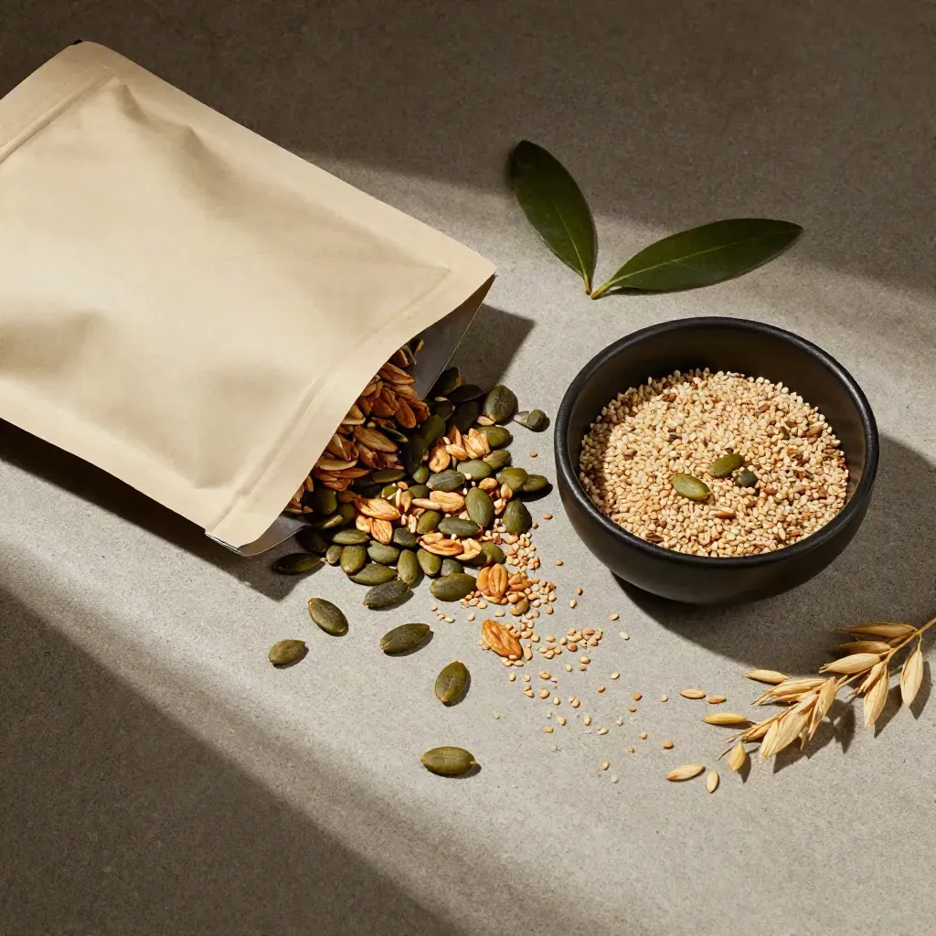 Flatlay de bolsa sin marca de granola con semillas y cuenco negro, con semillas cayendo.