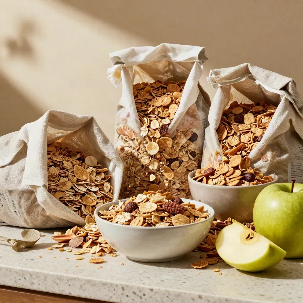 Avena, muesli y granola abiertos con fruta y lino en una escena luminosa y abundante.
