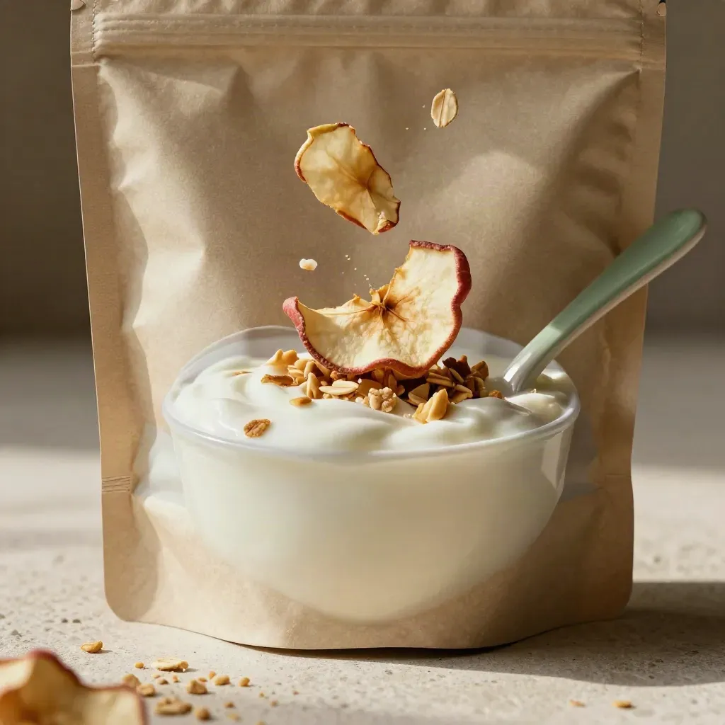 Bolsa de granola con manzana y yogur, con láminas de manzana cayendo sobre piedra.