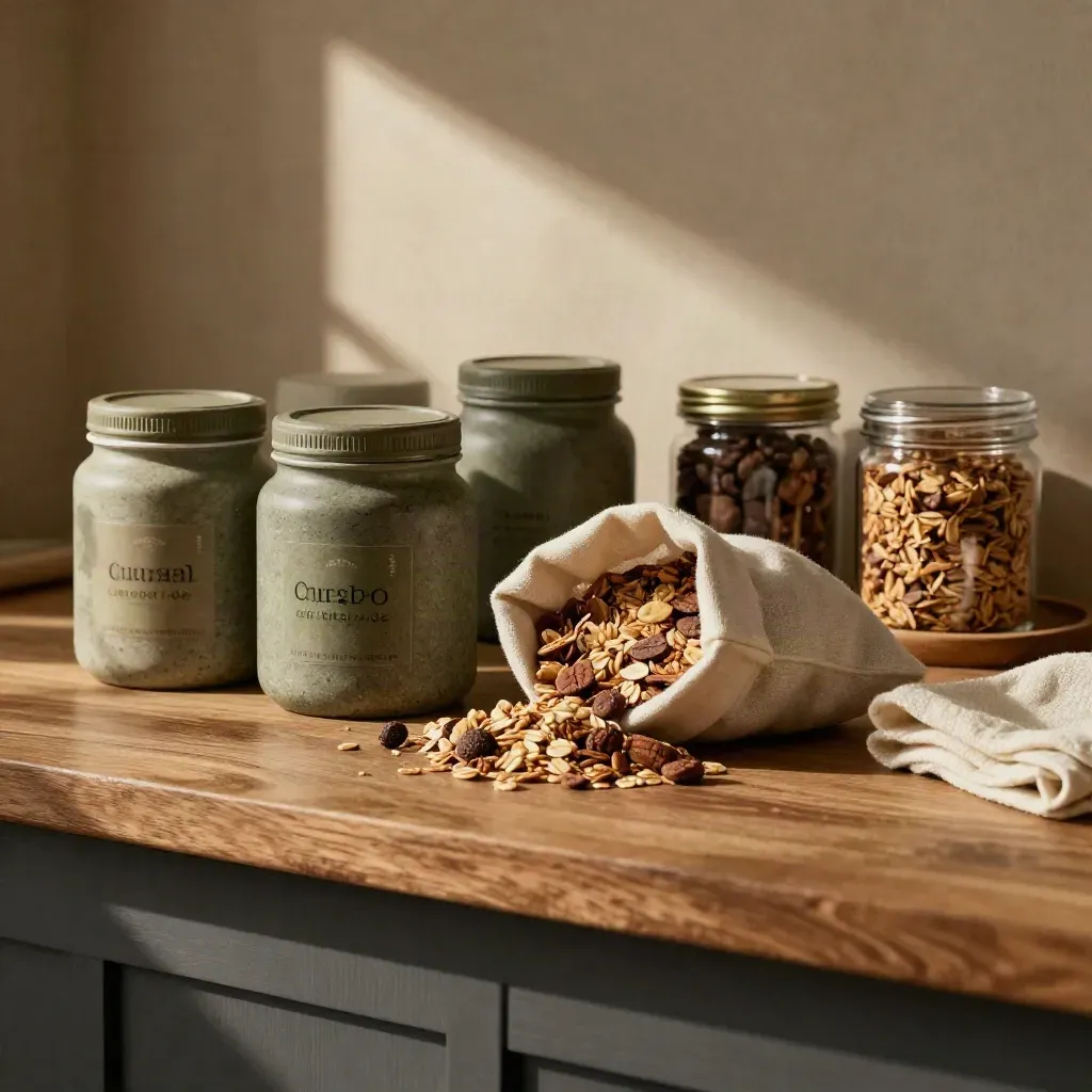 Despensa cálida con tarros opacos, sacos neutros y cereal muesli bajo luz diagonal.